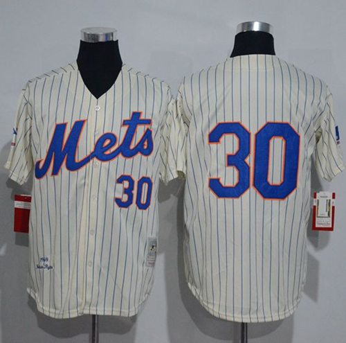 Mitchell And Ness 1969 Mets #30 Nolan Ryan Cream(Blue Strip) Throwback Stitched MLB Jersey